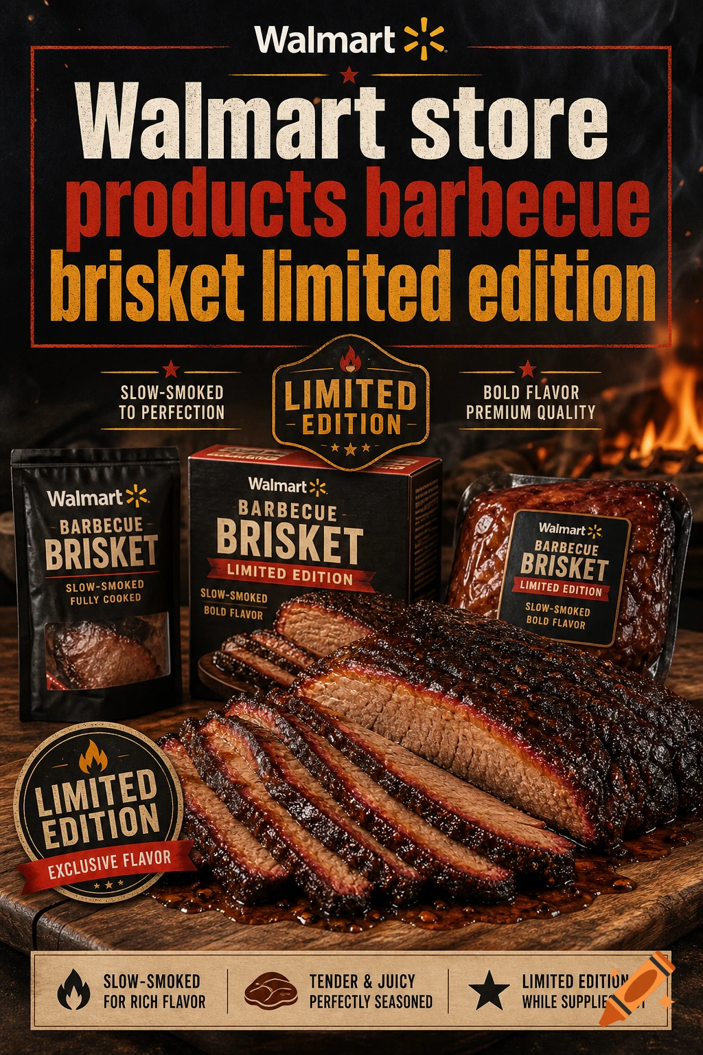 Promotional image for Walmart barbecue brisket limited edition, featuring sliced brisket on a wooden board, packaging, and branded text.