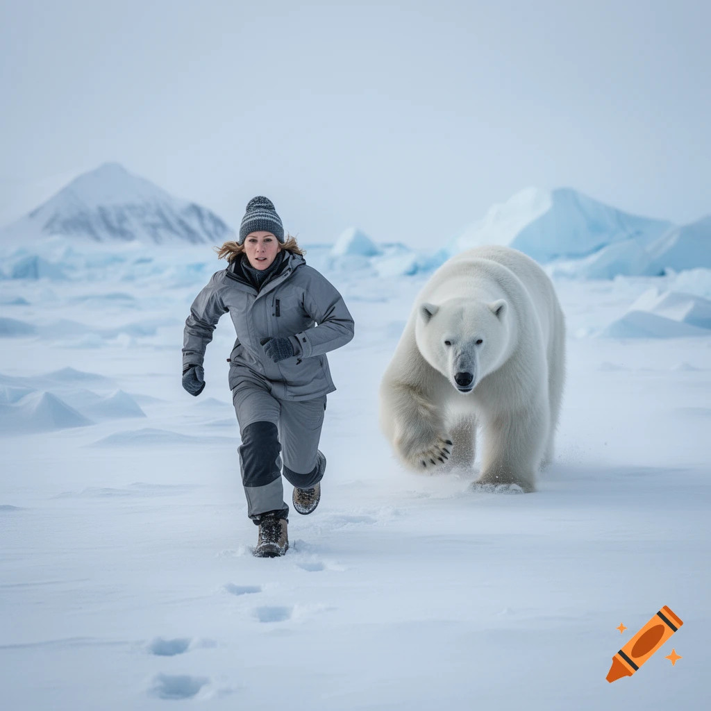 A woman in a grey winter suit and beanie running away from a large polar bear on an icy landscape, photorealistic.