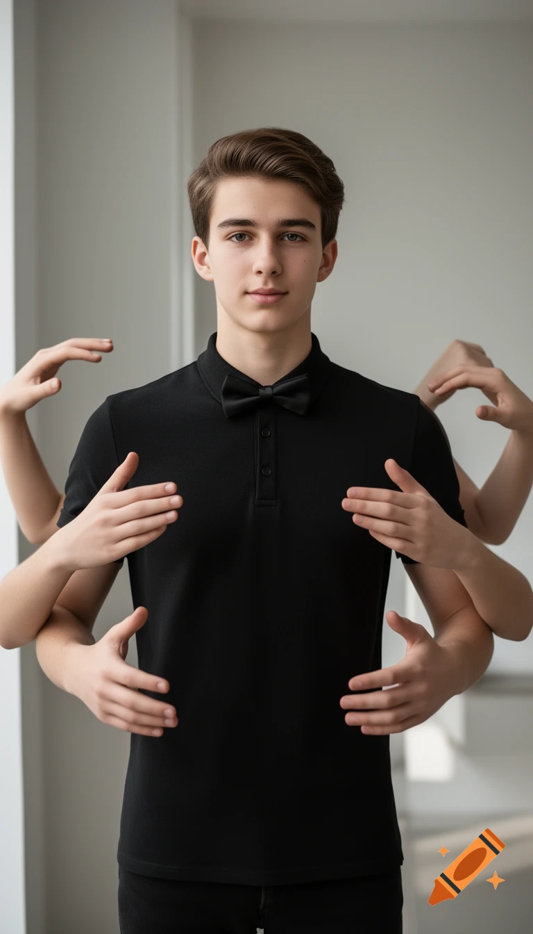 Photorealistic portrait of a sixteen-year-old teenage boy with brown hair in a black polo shirt and bow tie, depicted with six arms.