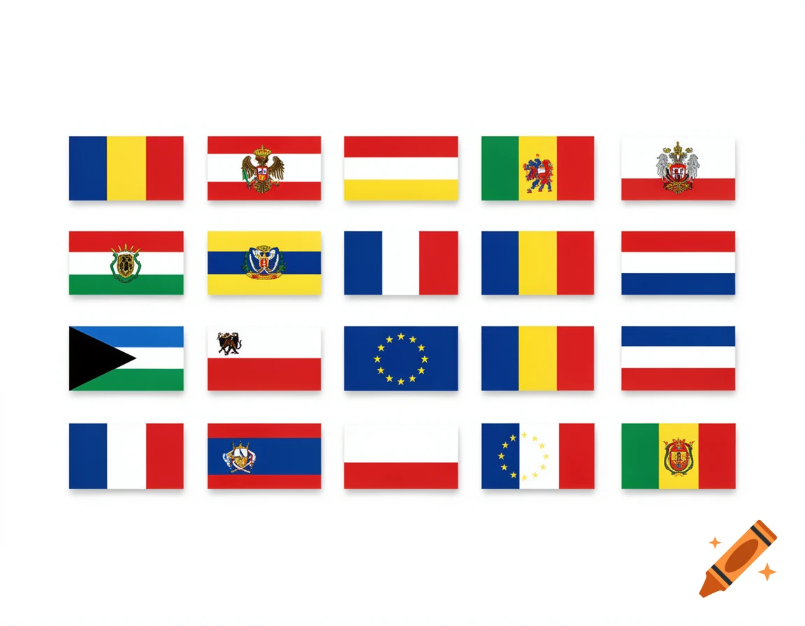 A grid of various generated flags representing European nations, displayed on a clean white background.