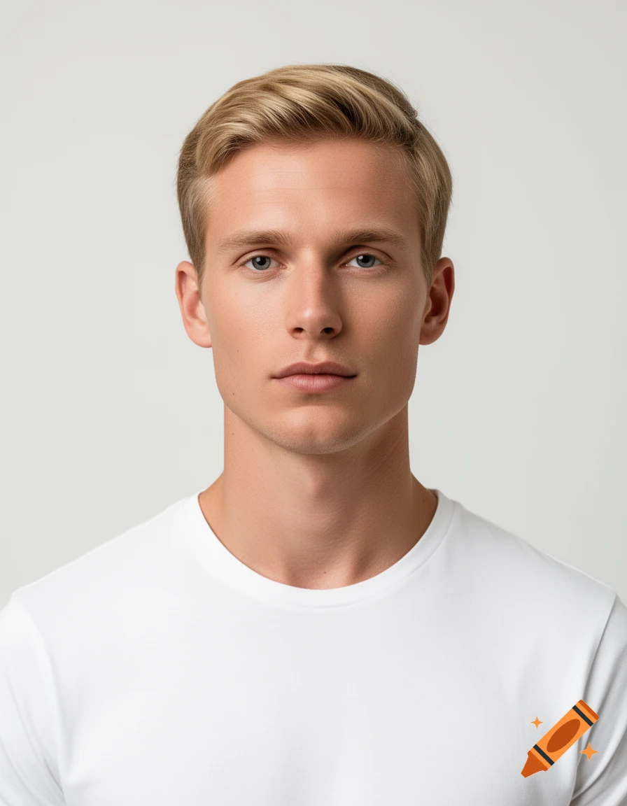 Photorealistic studio portrait of a handsome young Scandinavian man with short blonde hair wearing a white t-shirt against a neutral background.