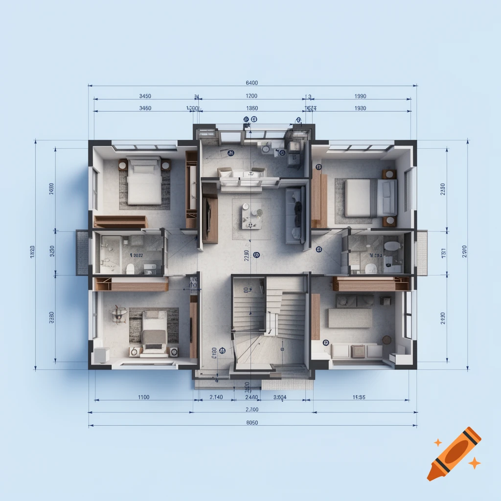 Top-down 3D architectural blueprint showing a fully furnished multi-room house with dimension lines.