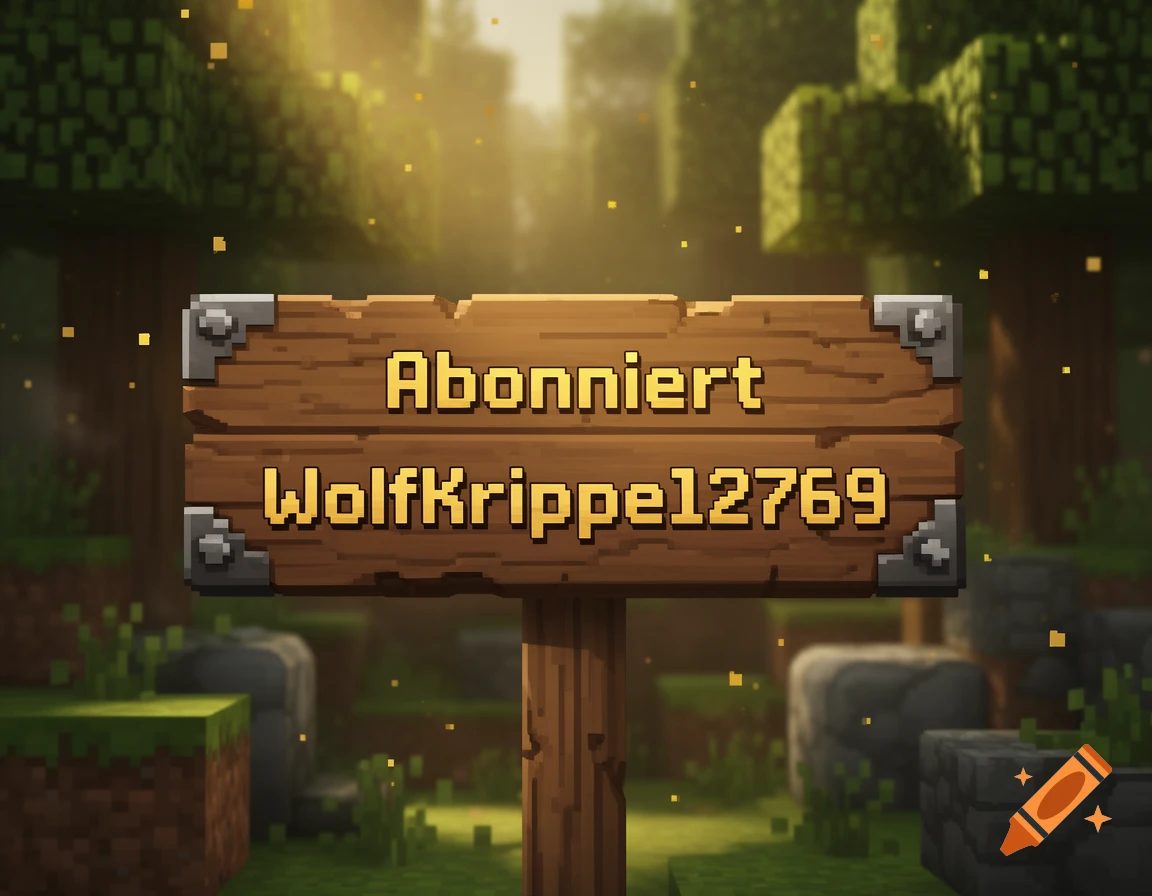 A Minecraft wooden sign with text reading 'Abonniert WolfKrippe12769' set against a forest background.