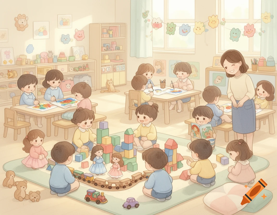 Soft pastel watercolor illustration of a kindergarten classroom with children playing with toys and drawing.