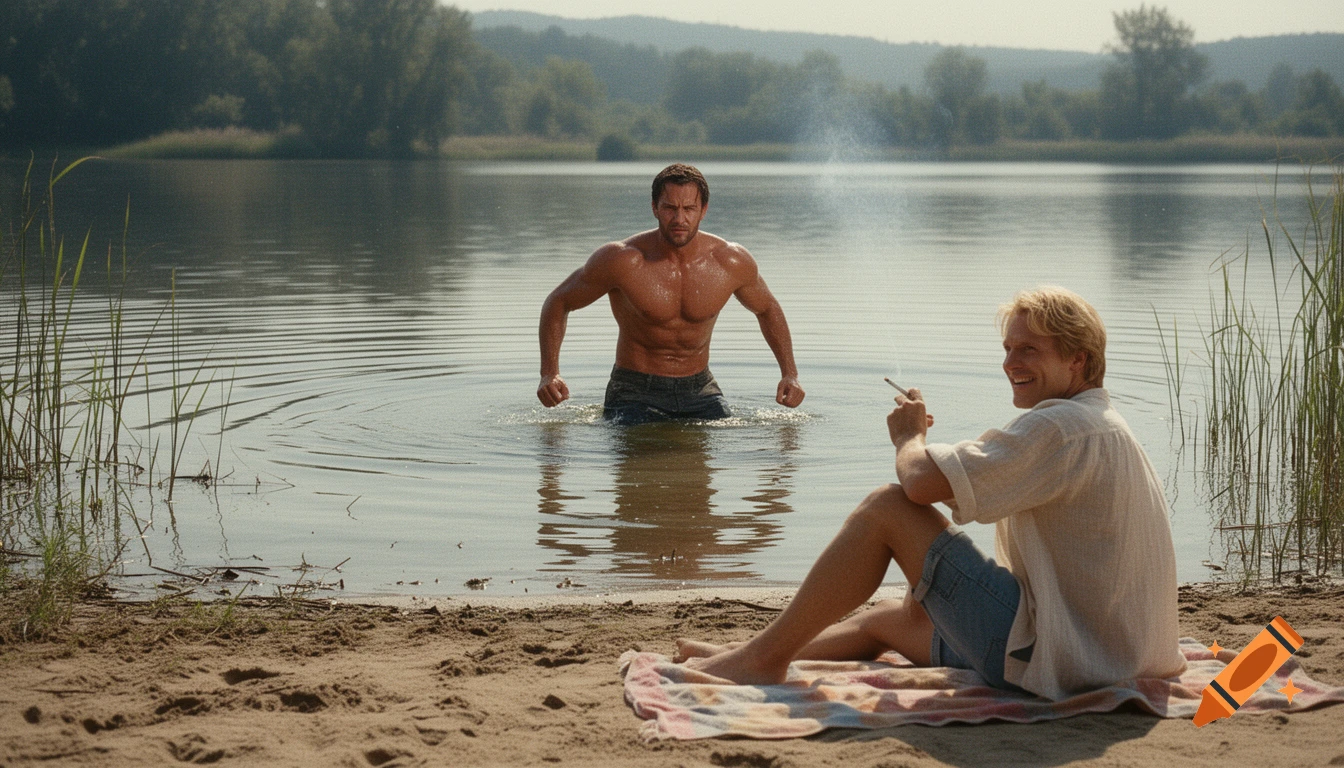 Cinematic shot of a muscular man standing in a lake looking defensive, while another man sits on the shore smiling and smoking.