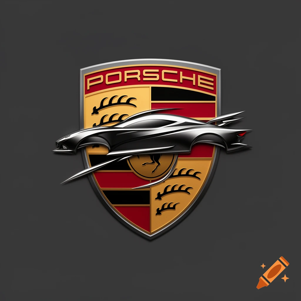 A stylized silver sports car silhouette overlaid on a Porsche coat of arms logo.