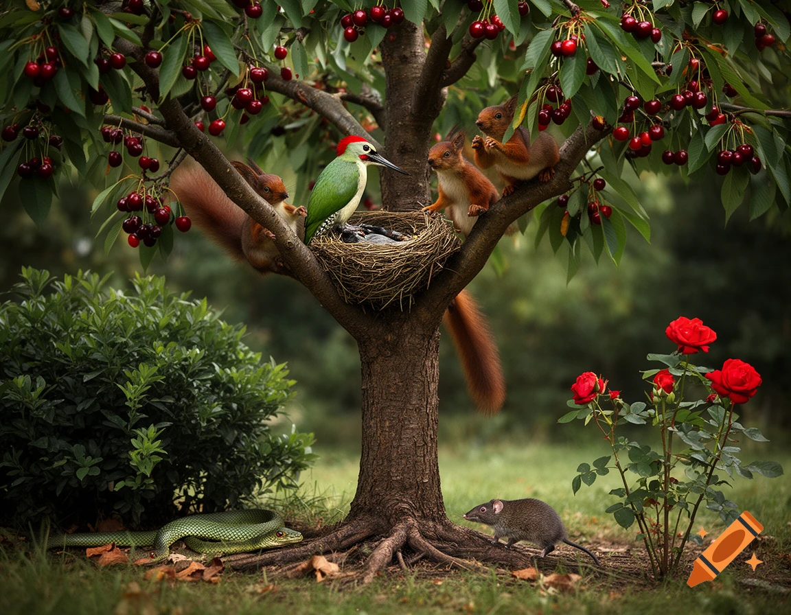 Photorealistic image of a cherry tree with red cherries, a bird nest with a green woodpecker, several squirrels, a snake, a shrew, and a bush with red roses.