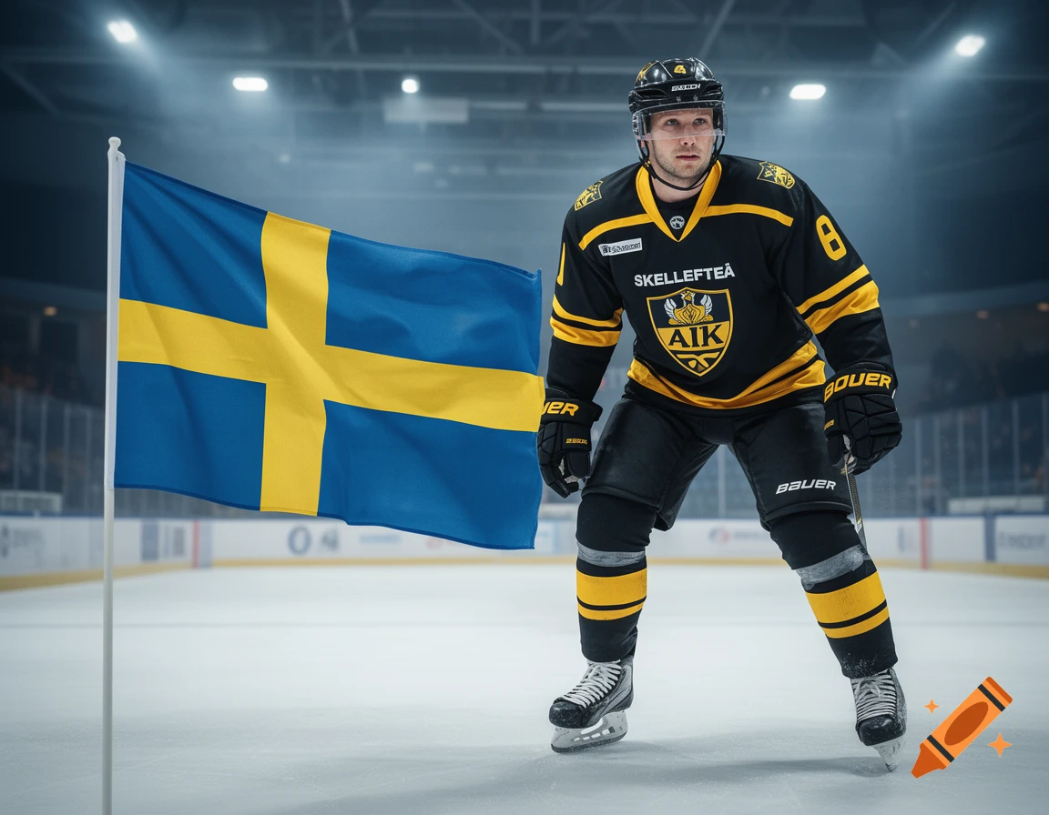 Photorealistic hockey player in black and yellow Skellefteå AIK jersey standing next to a Swedish flag on an ice rink.