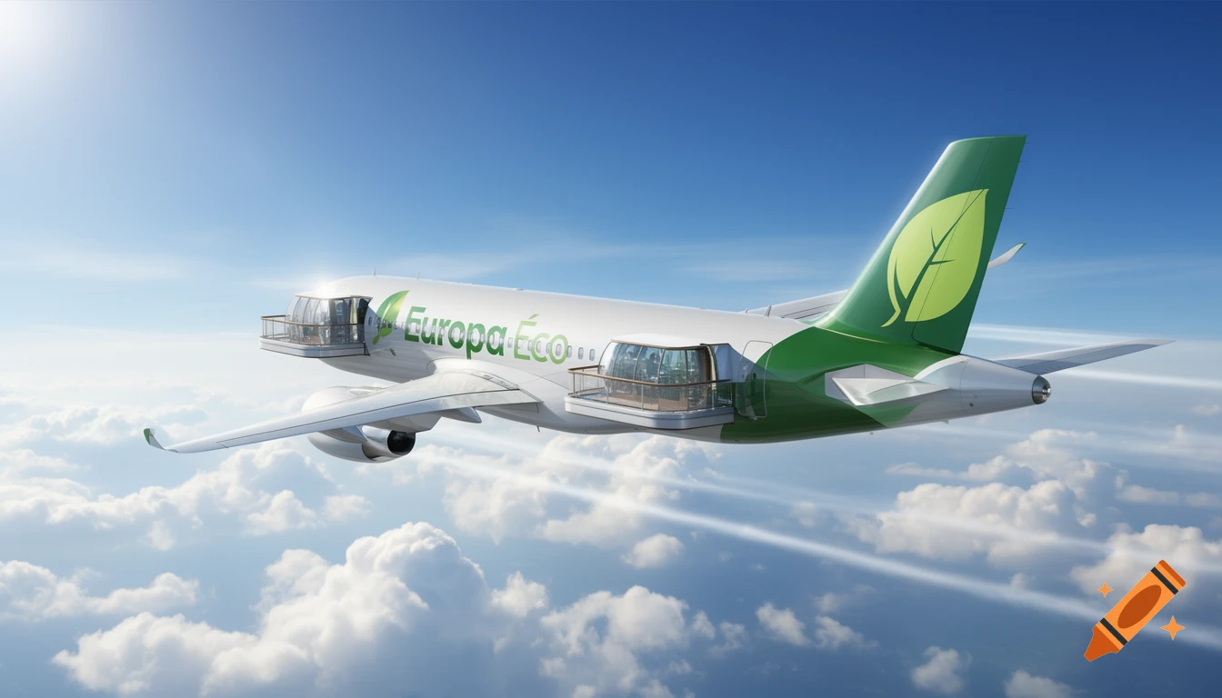 Photorealistic airplane in flight with viewing balconies, green leaf logo, and 'Europa Eco' text on the side, flying above clouds.