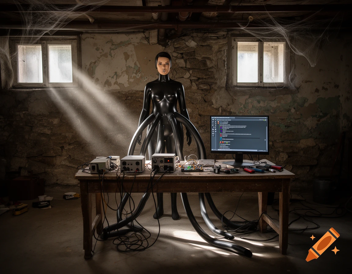 Photorealistic image of a latex mannequin with tubes connected to it in a dusty basement, standing by a desk with technical equipment and a monitor.