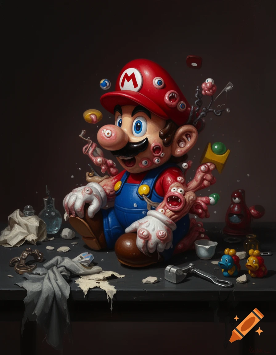 Surreal digital painting of Mario with multiple limbs, extra mouths, eyes, and noses on his body, sitting on a workshop table.