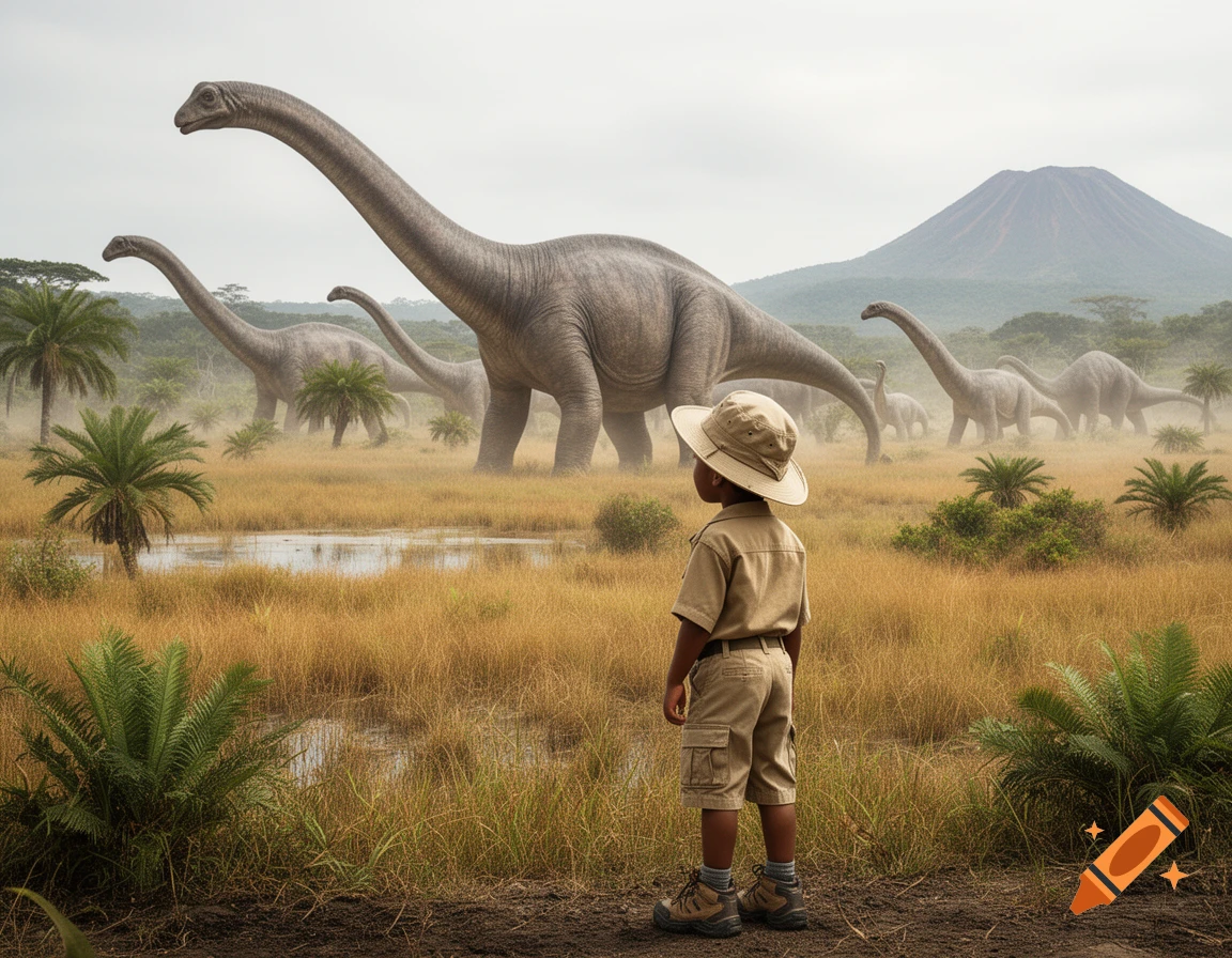 An 8-year-old African American boy in safari clothing looks out at a field of apatosauruses, photorealistic.