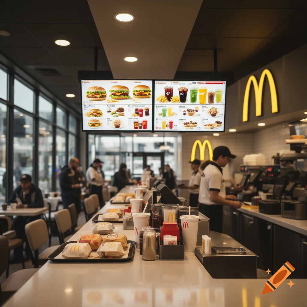 Photorealistic interior view of a McDonald's fast food restaurant counter with digital menu boards and staff.