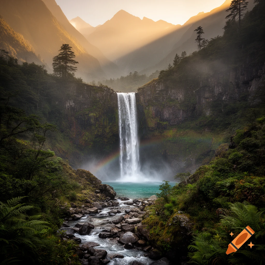 Photorealistic image of a majestic waterfall in a lush mountain valley during sunrise with a visible rainbow.