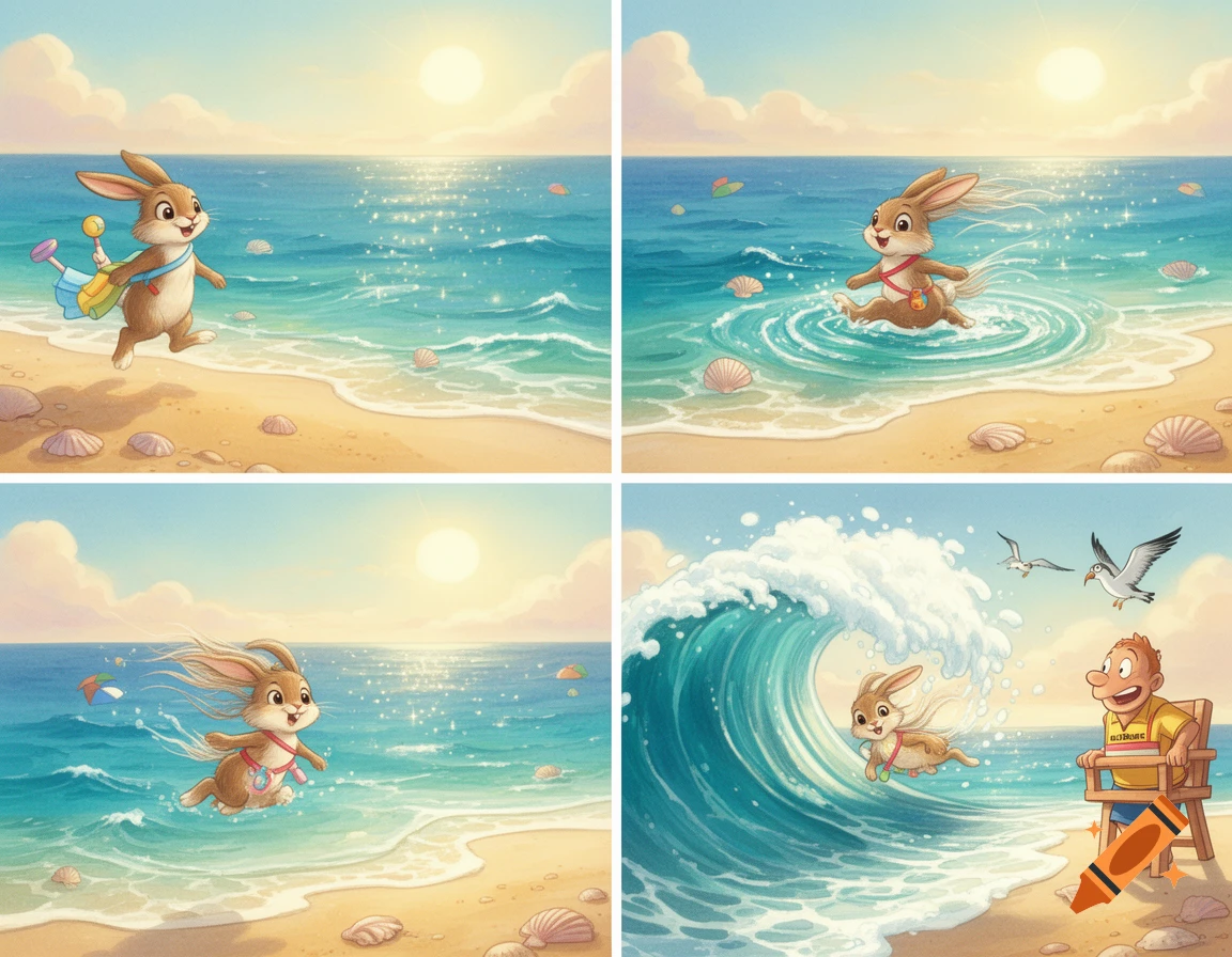 A four-panel digital illustration of a cute cartoon rabbit playing in the ocean waves at a sunny beach.