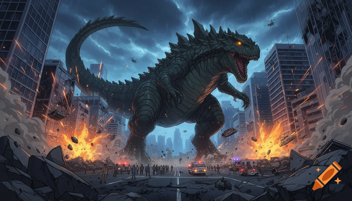 Anime-style kaiju dinosaur destroying a city with explosions and emergency vehicles, tokusatsu influence.