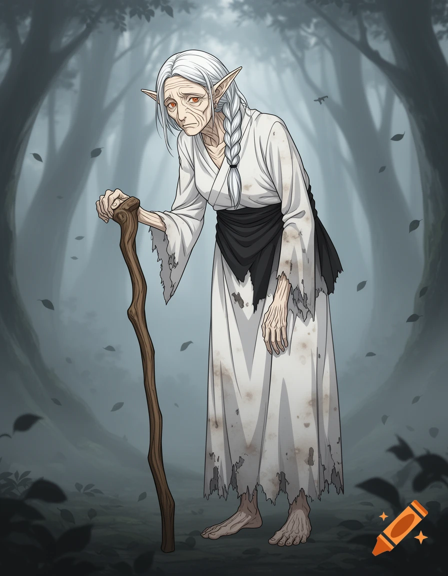 Anime style illustration of a very old female elf with white braided hair, wrinkled skin, and a white tattered robe, walking with a wooden staff in a misty forest.