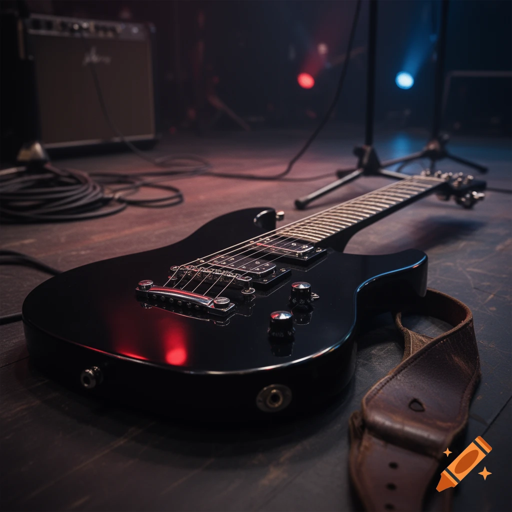 Photorealistic black electric guitar resting on a dark stage floor near an amplifier and microphone stand.