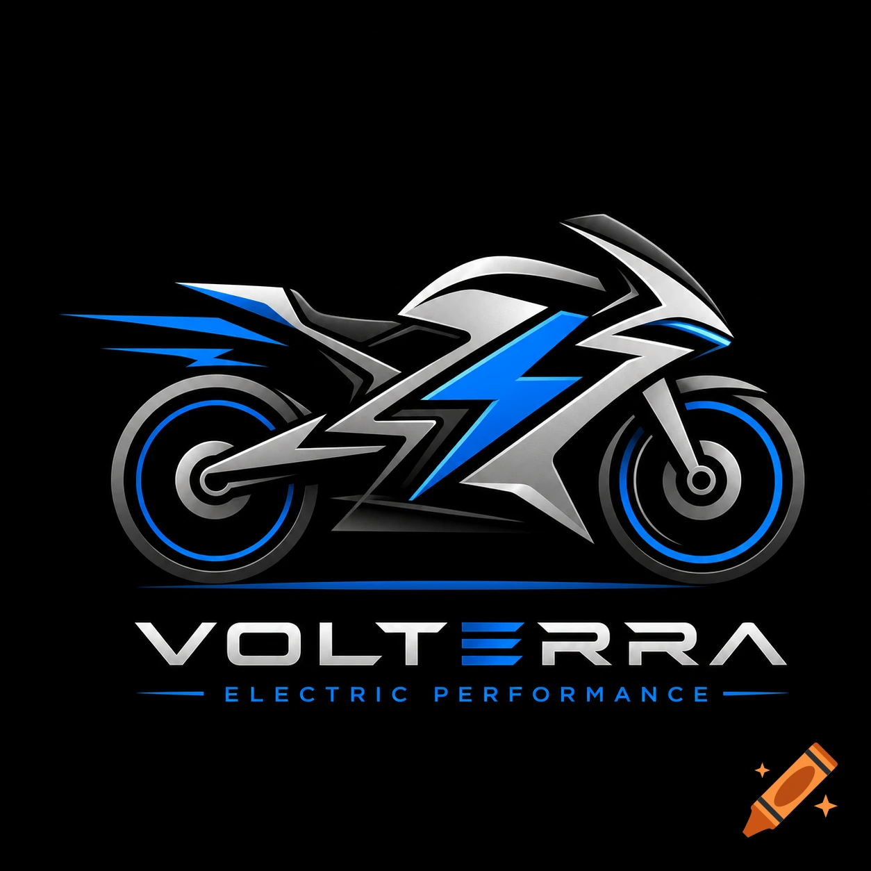 Electric motorcycle logo with the text VOLTERRA ELECTRIC PERFORMANCE in stylized silver and blue font on a black background.
