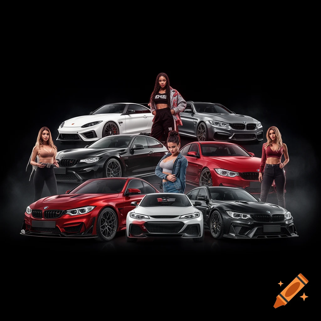Photorealistic poster of various sports cars and fashion models arranged dynamically against a black background.