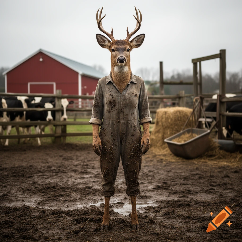 Photorealistic image of an anthropomorphic deer with antlers, wearing a muddy jumpsuit, standing in a muddy farmyard with a red barn and cows.