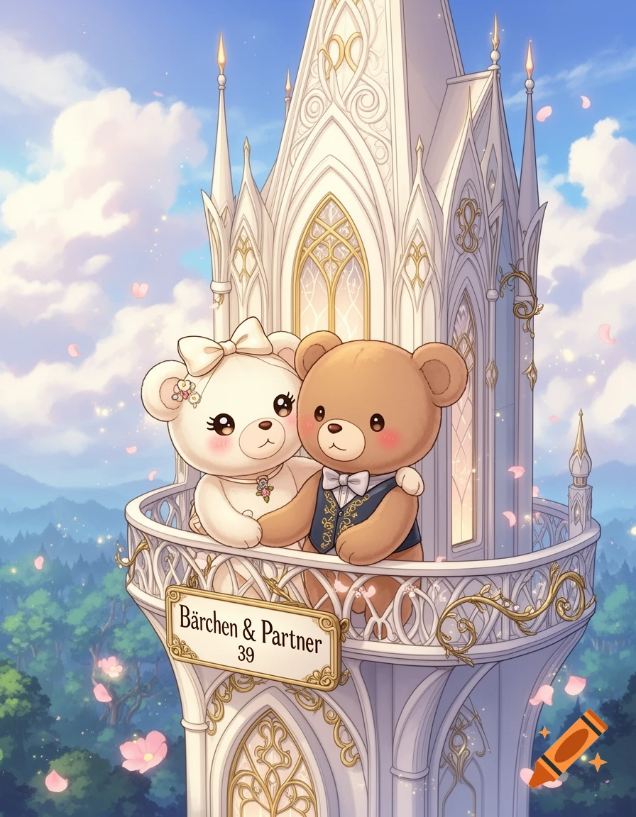 Two cute teddy bears in a white ivory tower balcony, anime style.