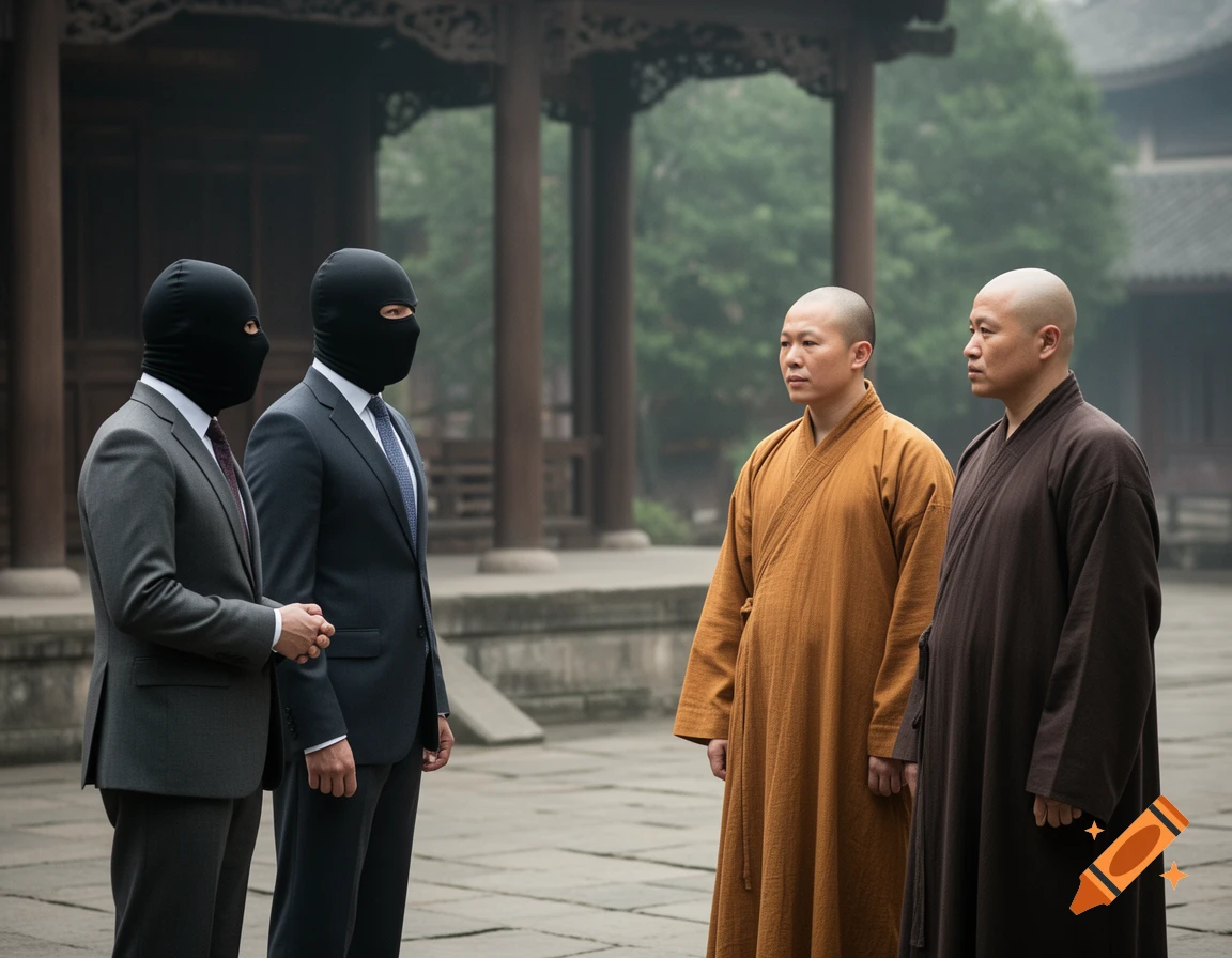 Two men in business suits and ninja masks talking to two Shaolin monks in robes outdoors.