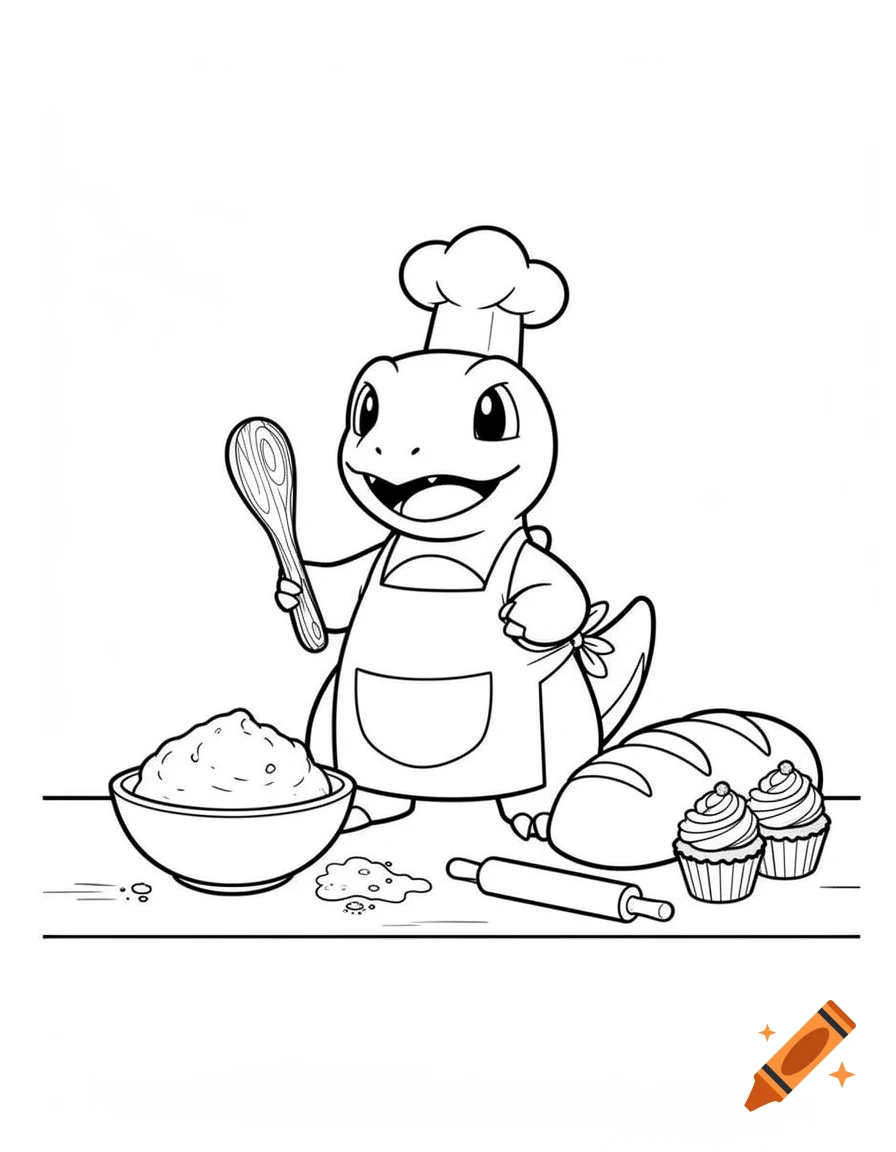 Black and white coloring page of a small dinosaur character wearing a chef hat and apron, holding a wooden spoon while baking.