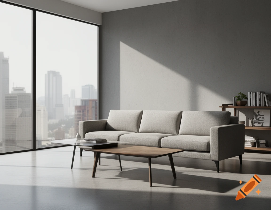 Modern minimalist living room with a gray sofa, wooden coffee table, and large window overlooking a city skyline.