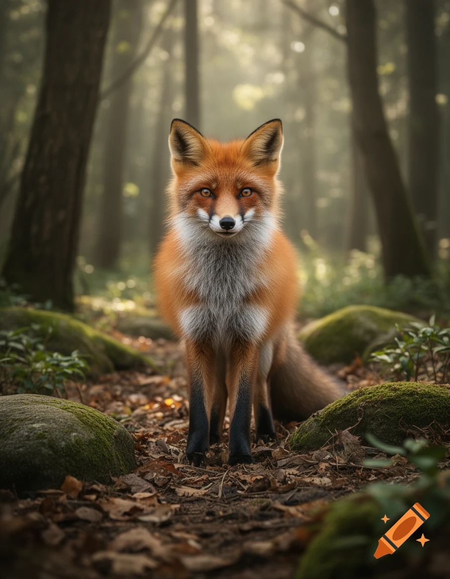 Photorealistic image of a red fox standing in a misty, green forest.