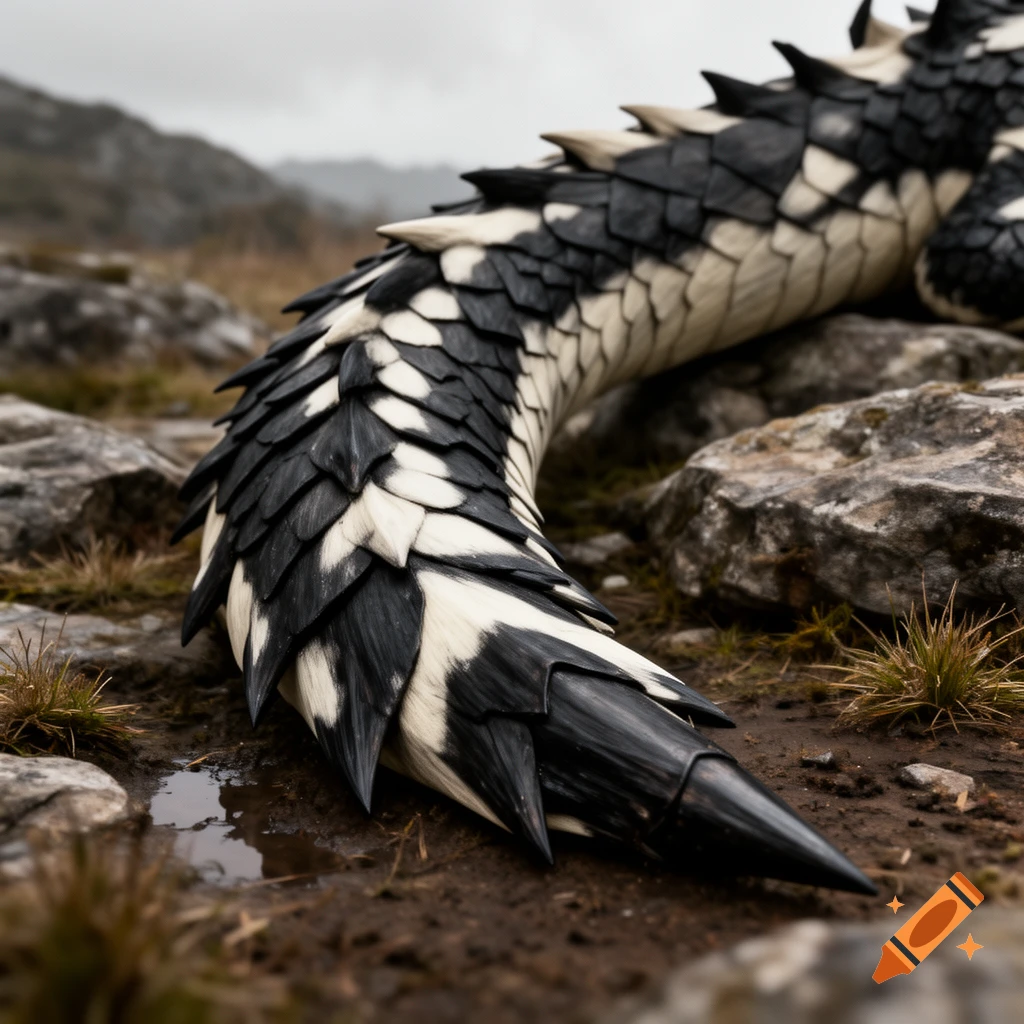 Close-up photorealistic shot of a black and white scaly dragon tail resting on rocky ground outdoors.