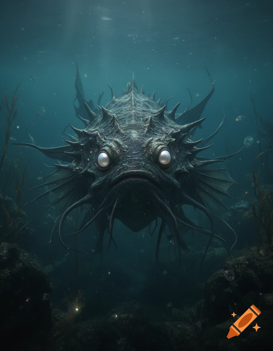 A photorealistic underwater shot of a dark, spiky mythical sea creature with glowing pearl-like eyes.