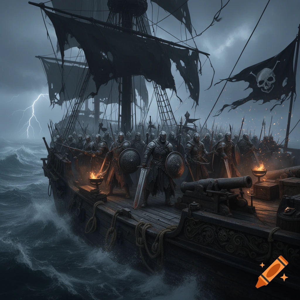 An army of Dark Souls style knights standing on the deck of a pirate ship during a stormy night with lightning.