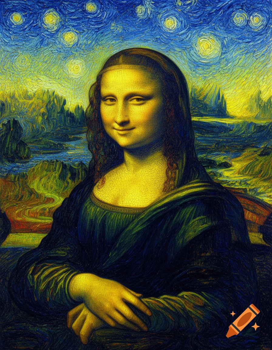 Mona Lisa portrait rendered in Vincent van Gogh's Starry Night swirling brushstroke style.