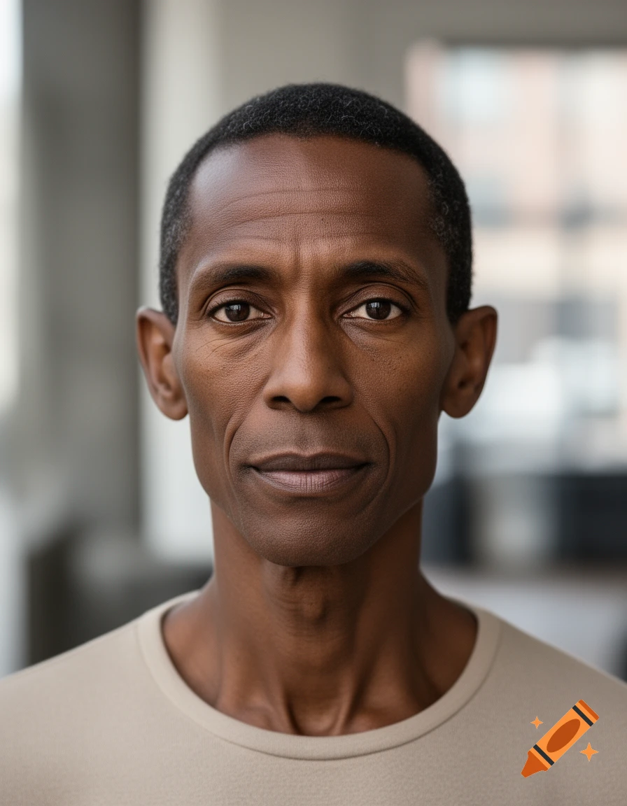 Photorealistic close-up portrait of a Black man in his 50s with a slender build, short hair, and high cheekbones, wearing a beige t-shirt.