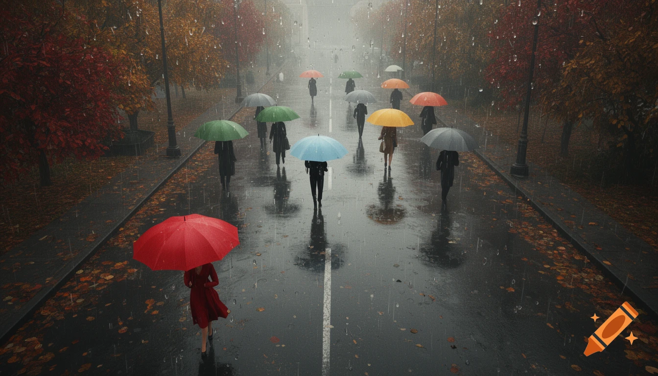 Cinematic high-angle view of people with colorful umbrellas walking down a rain-slicked autumn street.
