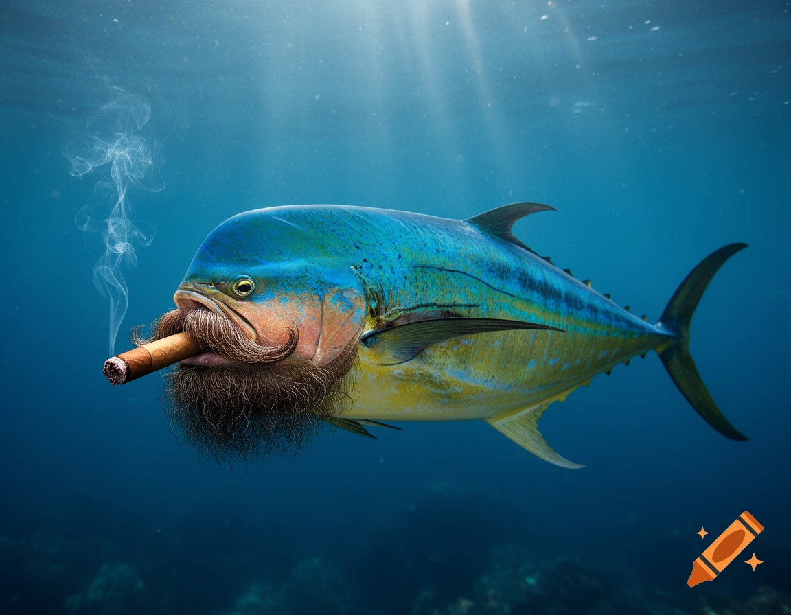 A photorealistic blue and yellow fish wearing a mustache and beard, smoking a cigar underwater.