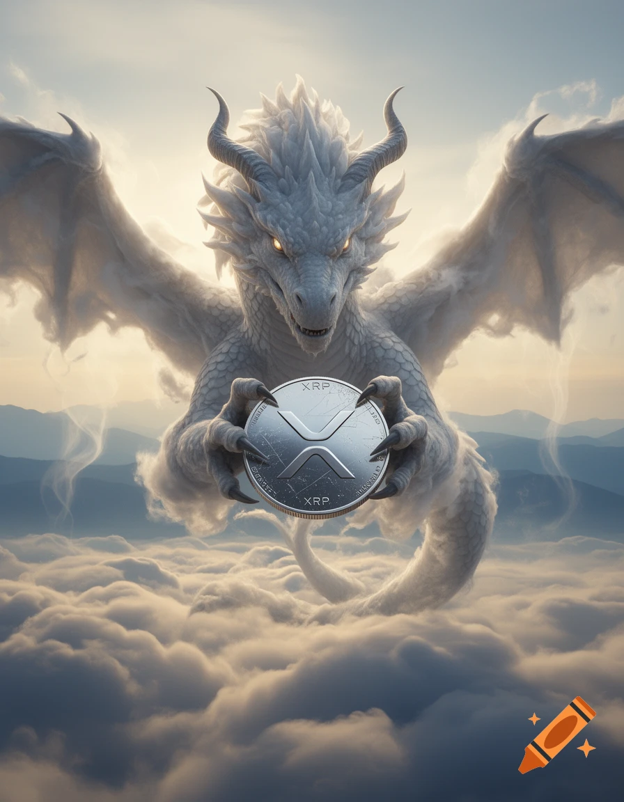 A white cloud dragon soaring above the clouds, holding a large silver XRP coin in its claws.