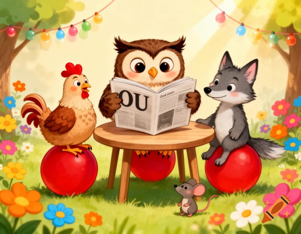 Digital illustration of an owl reading a newspaper labeled OU, sitting on a red ball with a chicken, wolf, and mouse in a sunny garden.