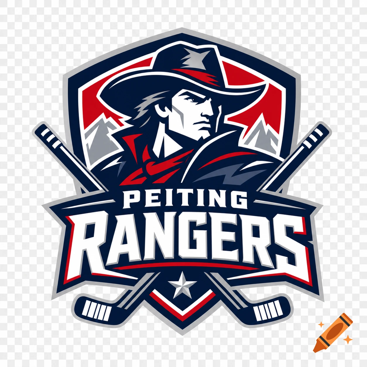 Professional ice hockey team logo featuring a stylized ranger with a cowboy hat, mountains, and crossed hockey sticks.