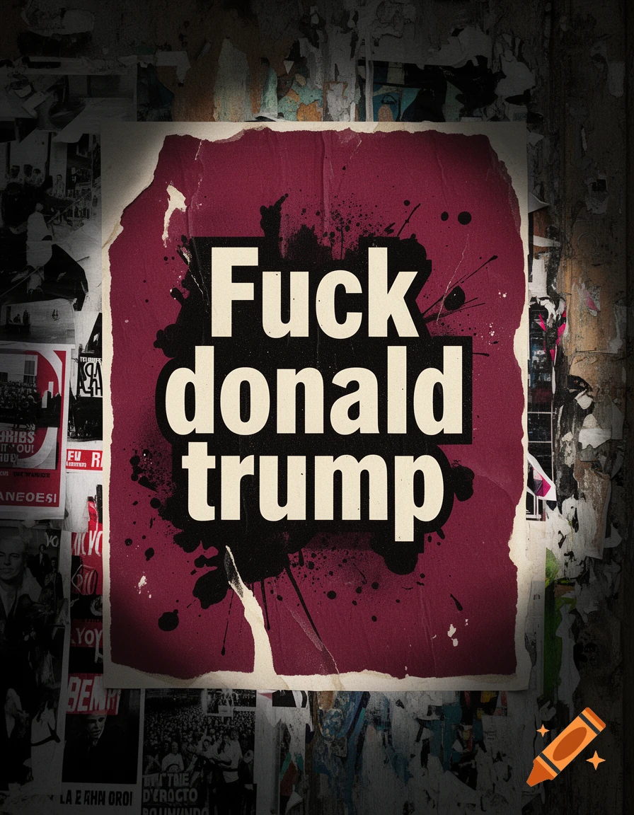 A poster with the bold text 'Fuck donald trump' pasted on a wall covered in other torn posters.