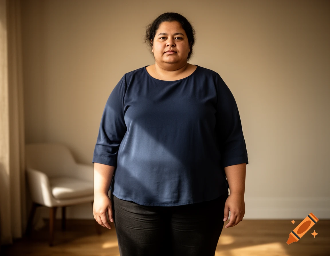 Photorealistic portrait of a woman wearing a blue top standing indoors.