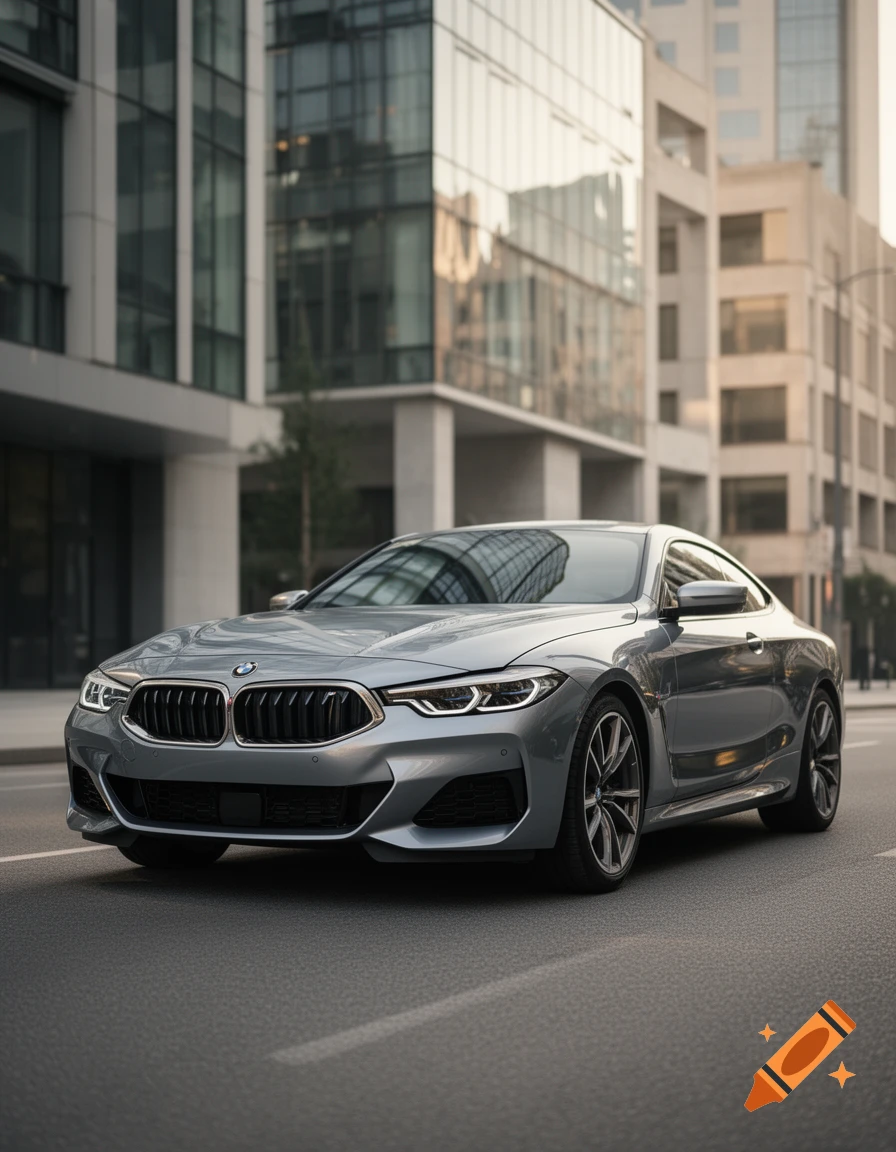 Photorealistic silver BMW coupe parked on a city street in front of modern glass buildings.