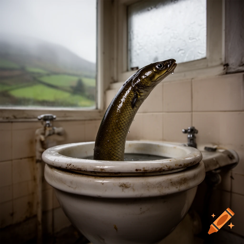 Photorealistic image of an eel emerging from a toilet bowl in a rustic bathroom with a window overlooking green hills.