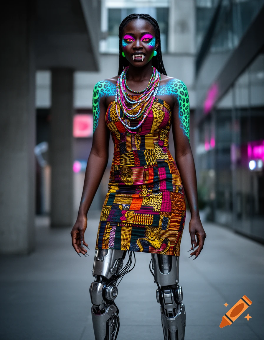 Photorealistic shot of a Black woman with cybernetic legs, fangs, cat-slit eyes, and bioluminescent tattoos wearing an adire pattern dress.