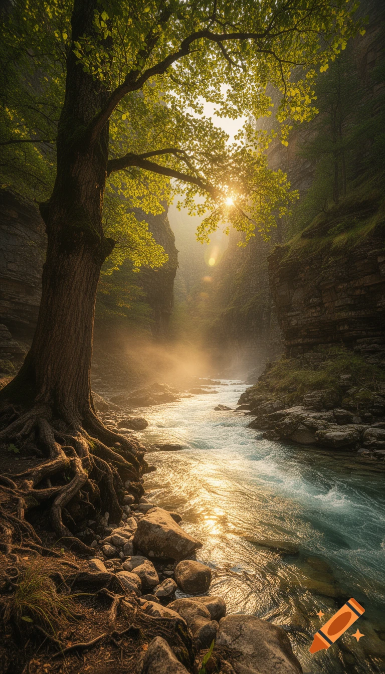 Photorealistic vertical view of a sun-drenched canyon with a roaring river, framed by a large tree with vibrant green leaves.