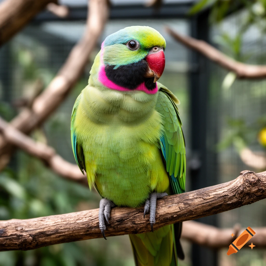 Photorealistic close-up of a colorful ringneck parakeet with green feathers, a pink neck ring, and a bright red beak, perched on a branch.