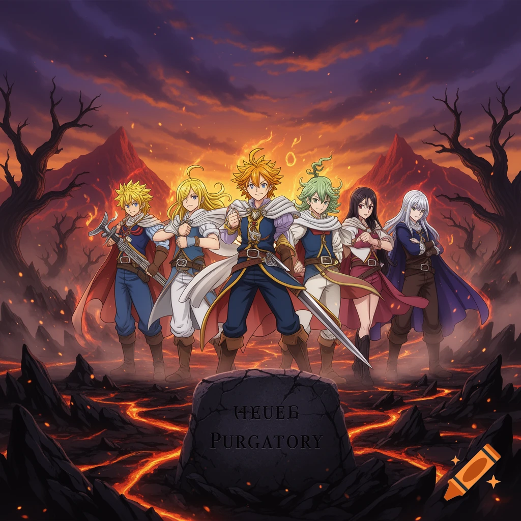 Anime style illustration of six fantasy characters standing in a rocky purgatory landscape with a tombstone in the foreground.