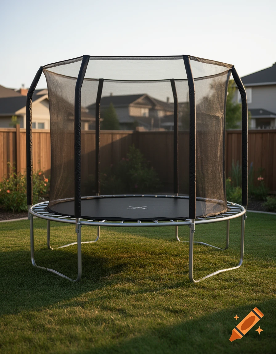 Photorealistic image of a black trampoline with a safety net set up on a green lawn in a backyard during daytime.