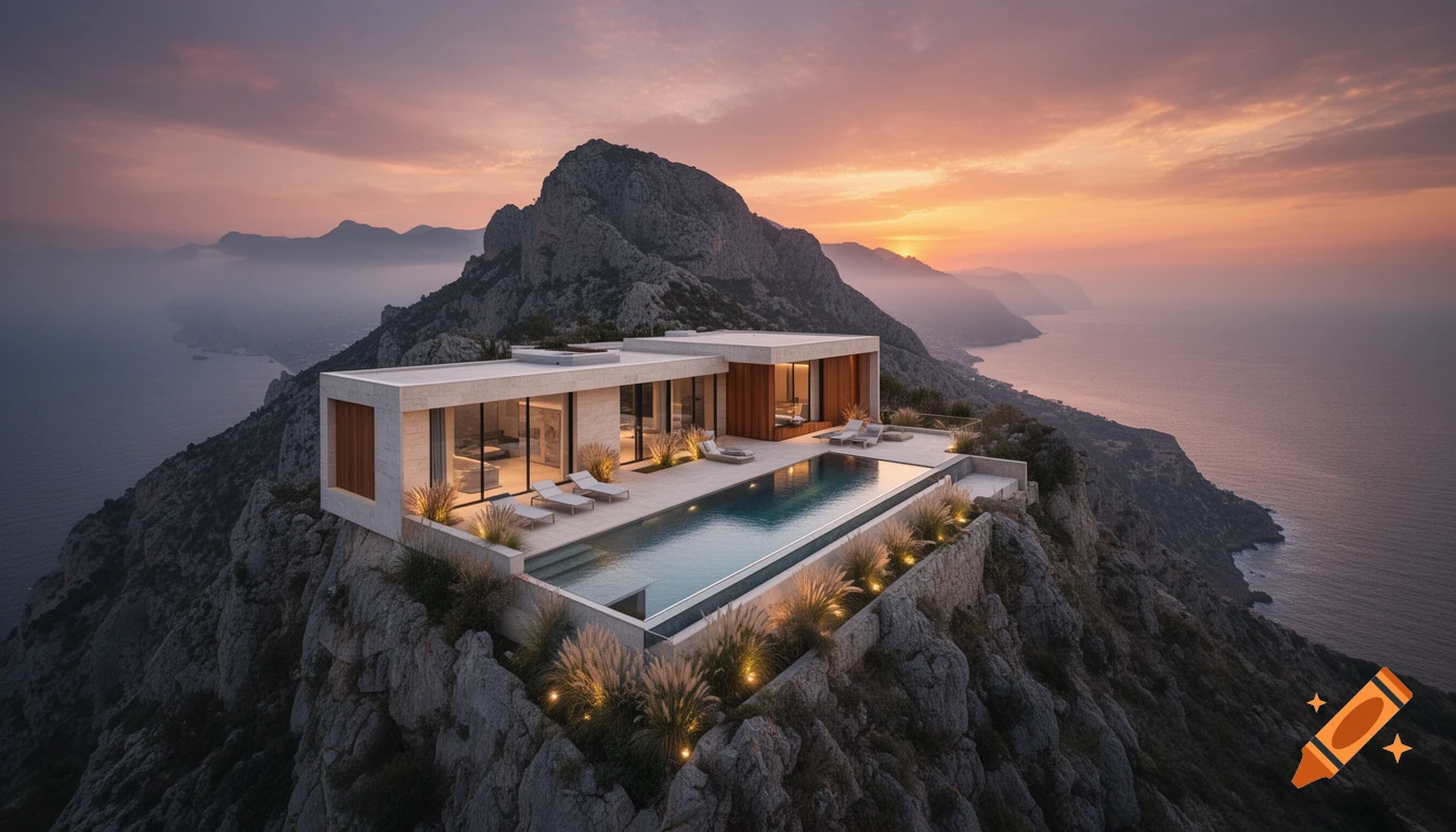 Photorealistic aerial view of a modern luxury villa with an infinity pool built into a rugged mountain cliffside overlooking the ocean at sunset.